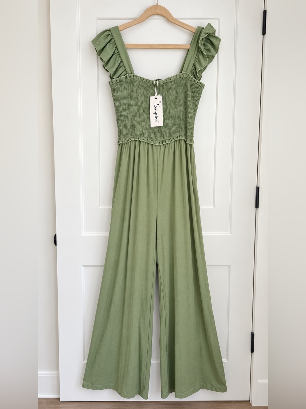 Simple Sage Green Smocked Wide-Leg Jumpsuit
